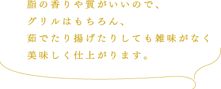 脂の香りや質がいいので、グリルはもちろん、茹でたり揚げたりしても雑味がなく美味しく仕上がります。